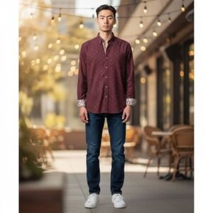 DENIM&FLOWER RICKY SINGH Burgundy PolkaDot Long Sleeve Button Down Shirt Mens L